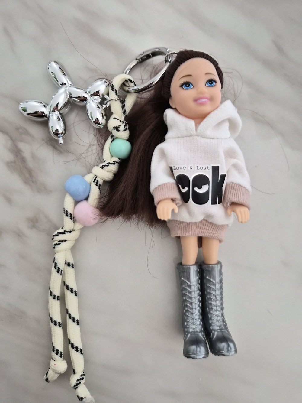 Mini Barbie Doll Keychain/bagcharm with Cream Hoodie and Silver Boots